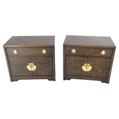 Pair Mastercraft Burl Wood Heavy Brass Hardware One Drawer Night Stands Tables