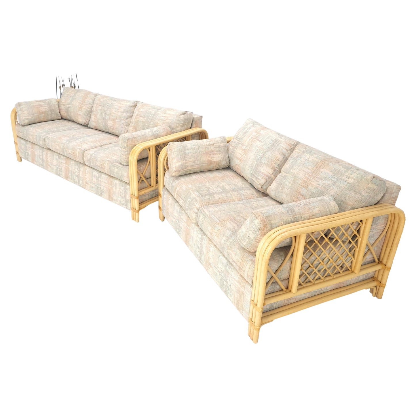 Pair Bent Bamboo Frames Linen Like Upholstery Mid Century Modern Sofa Loveseat