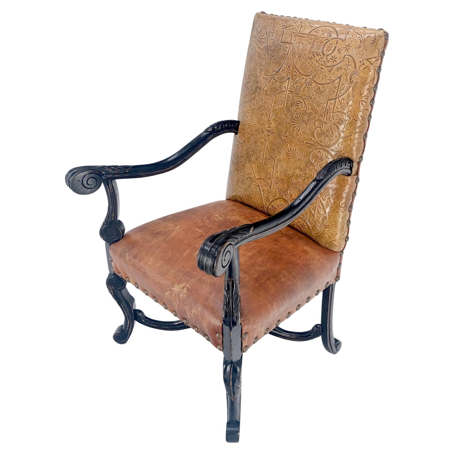 Large Ebonised Carved Walnut Embossed Leather Upholstery Regency ArmChair