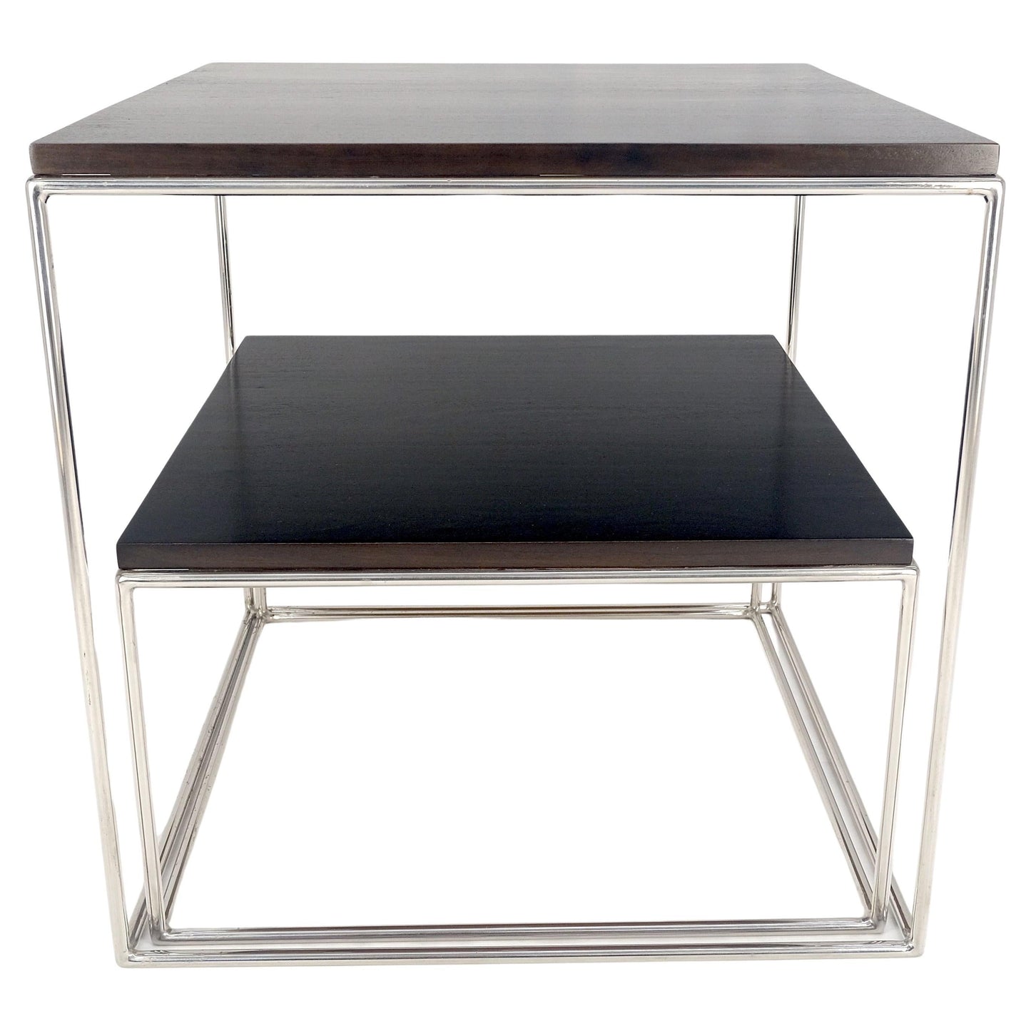 Espresso Walnut Cube Shape Nesting End Tables Polished Stainless Steel Chrome