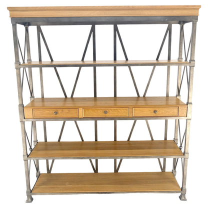 Large Drexel Oak Shelves 5' Wide Iron Etagere Bakers Rack  3 Drawer Console MINT