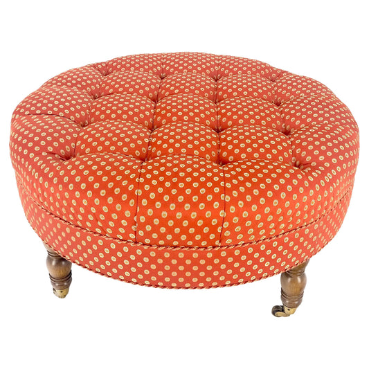 Red White Tufted Upholstery Round Bech Pouf Hassock Ottoman Brass Castors MINT!