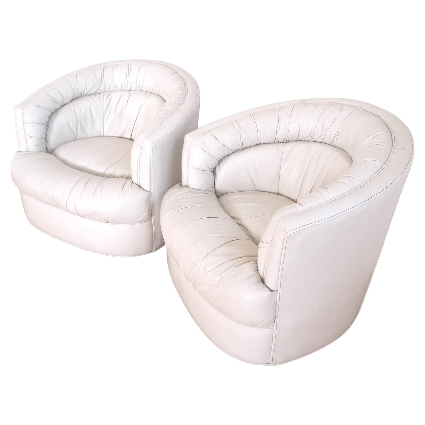 Pair Barrel Round Back Off White Leather Upholstery Swivel Lounge Chairs MINT!