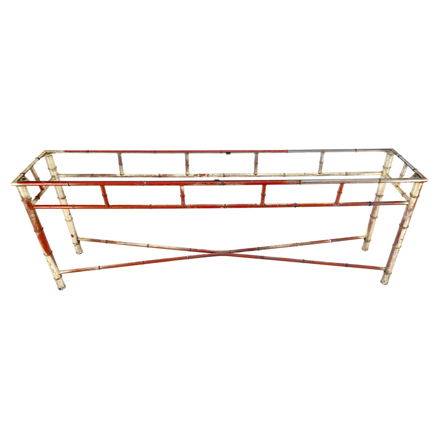 6' Faux Bamboo Metal Silver Gilt & Red Mid Century Modern Console Sofa Table