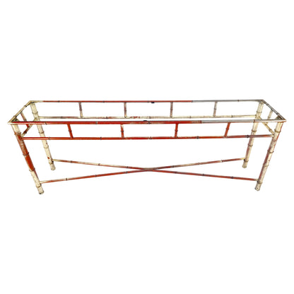 6' Faux Bamboo Metal Silver Gilt & Red Mid Century Modern Console Sofa Table