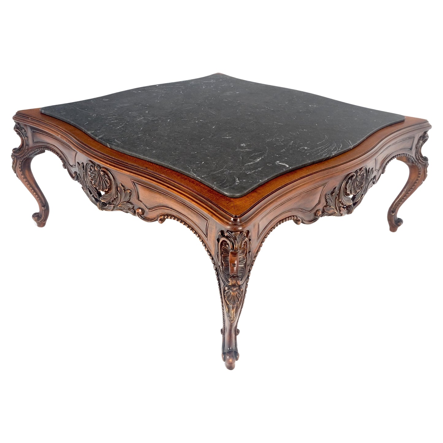 Fine Carved Regency Revival French Black Marble Top Square Coffee Table MINT!