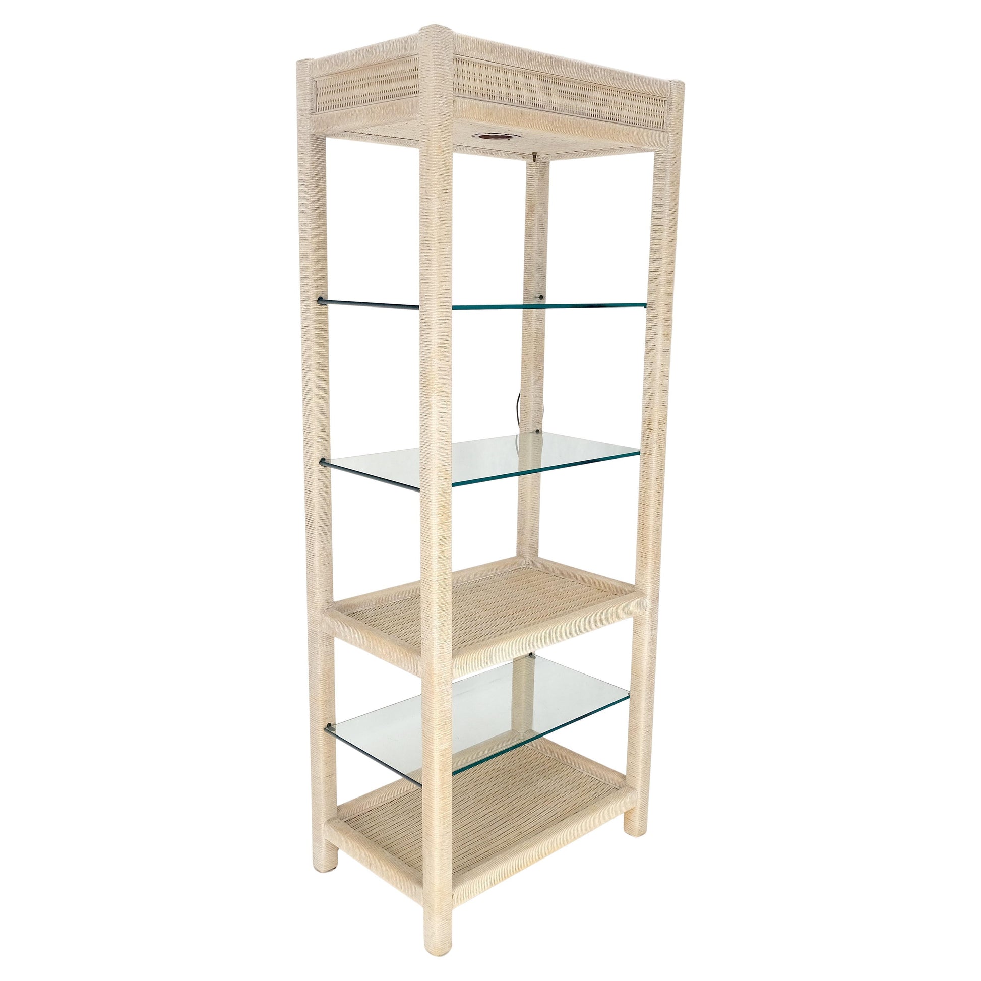 White Pickled Rush Cane Bamboo Wrapped 5 Shelves 76" Tall Etagere Display MINT!