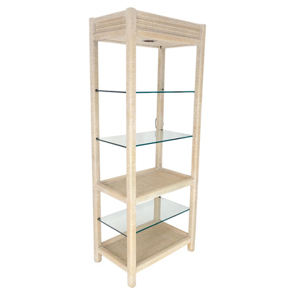 White Pickled Rush Cane Bamboo Wrapped 5 Shelves 76" Tall Etagere Display MINT!