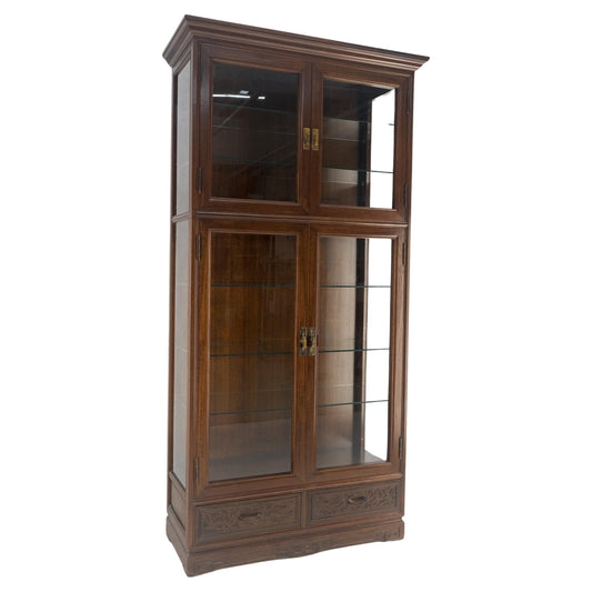 4 Doors Carved Teak 5 Shelves 2 Bottom Drawers 72" Tall Curio Cabinet Showcase