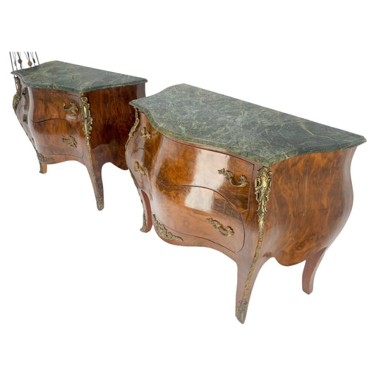 Pair of 41" Wide Green Marble Top Louis V Bombay French Burl Dressers Commodes