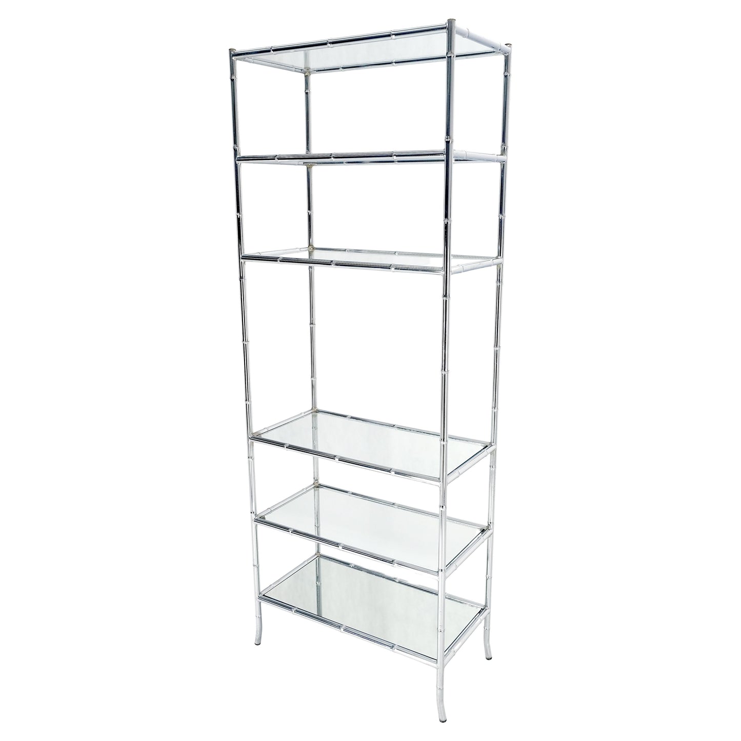 Italian c1970s Faux Bamboo 6 Glass Shelves Chrome Etagere Bookcase MINT