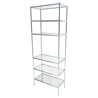 Italian c1970s Faux Bamboo 6 Glass Shelves Chrome Etagere Bookcase MINT