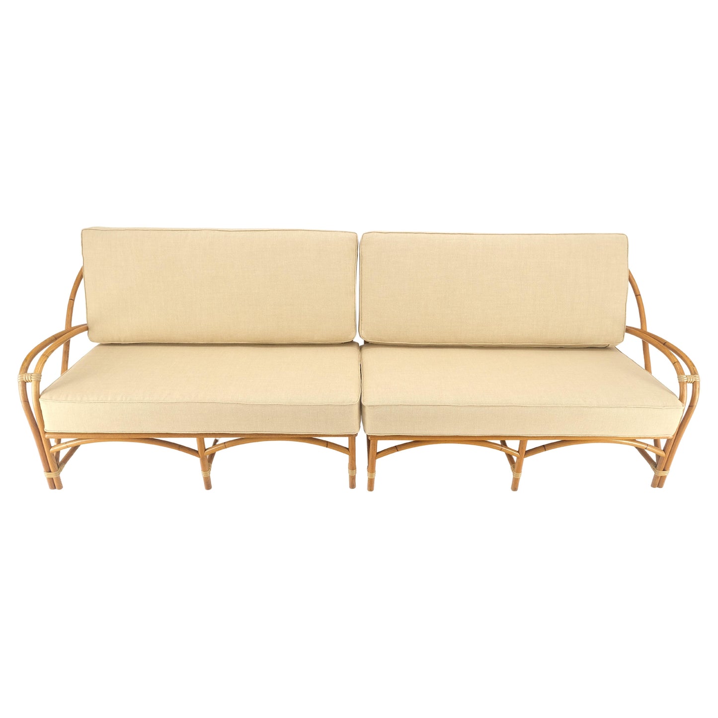 New Gold Linen Upholstery Bamboo 2 Part Sectional Sofa c1970s MINT!