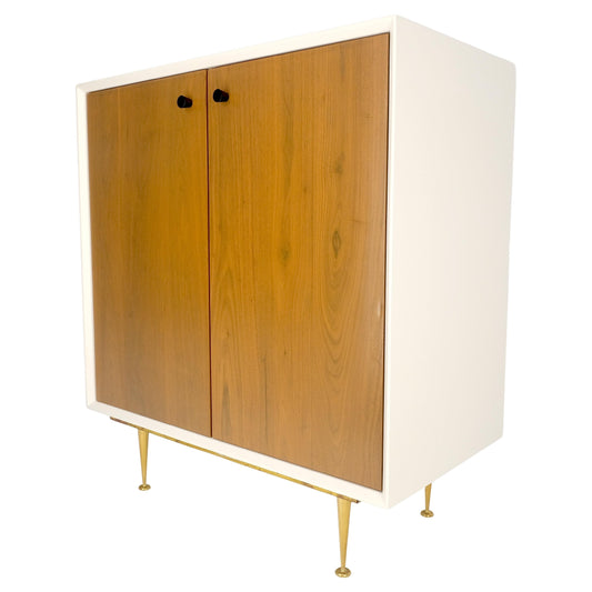 Two Doors Light Walnut & White Lacquer Storage Shelf Cabinet on Solid Brass Legs