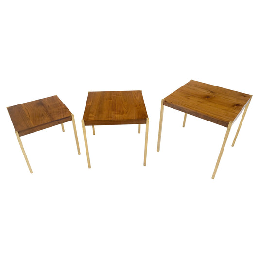 Set of 3 Walnut Nesting Tables on a Solid Brass Square Bar Leg MINT