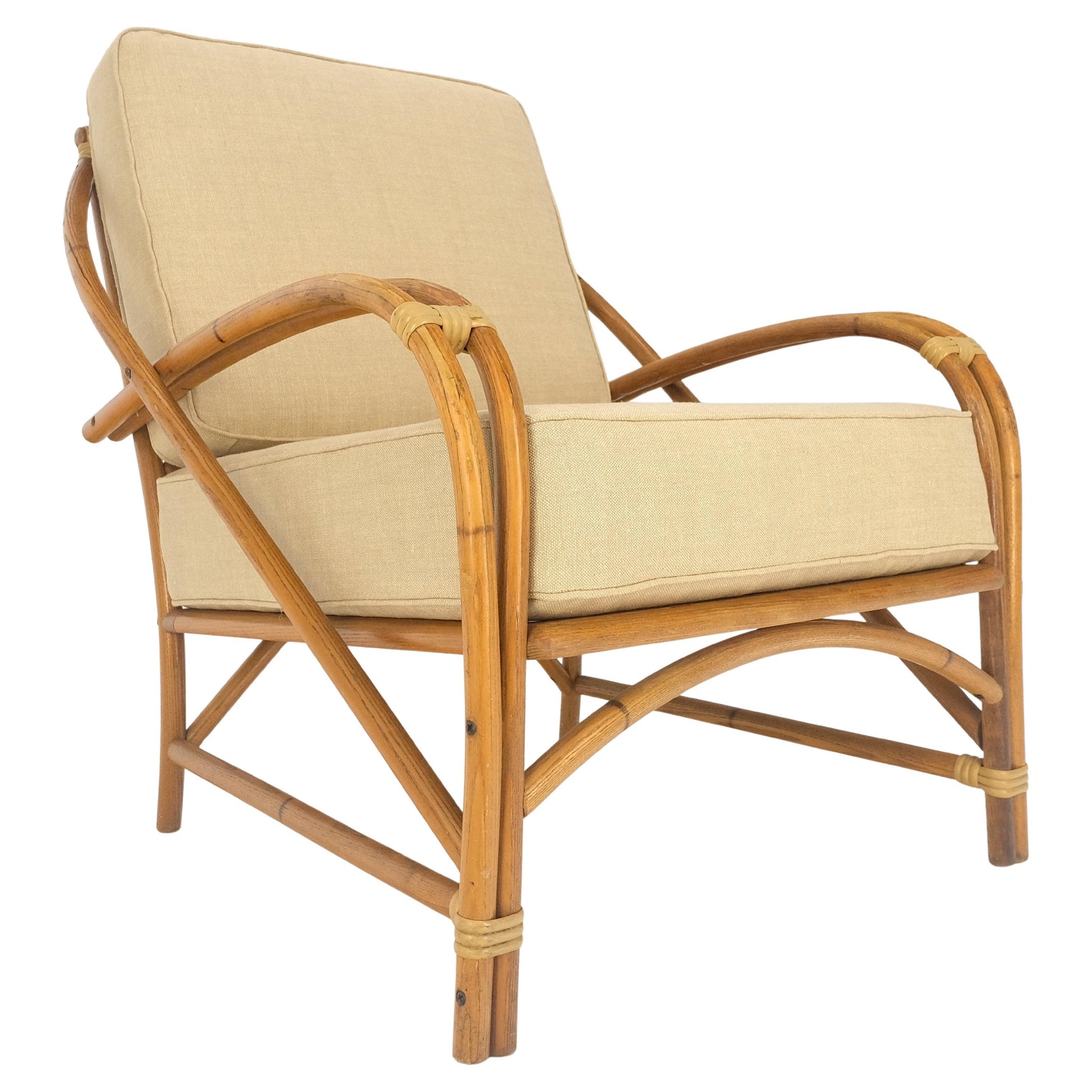 New Golden Linen Upholstery Bamboo Rattan Lounge Chair c1970s