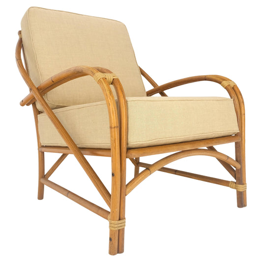 New Golden Linen Upholstery Bamboo Rattan Lounge Chair c1970s