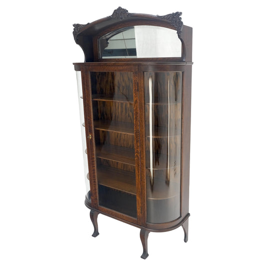 Carved Oak Mirrored Gallery Top Curved Glass Display Curio Showcase Cabinet