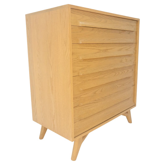 Solid Oak Cerused High Boy Chest of 5 Drawers Dresser Sculptural Legs MINT!