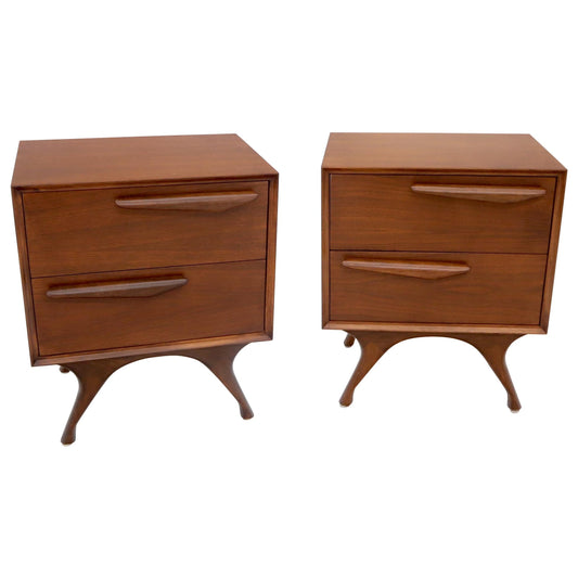 Pair of American Modern Walnut Sculptured Legs Pulls Two Drawers Nightstands