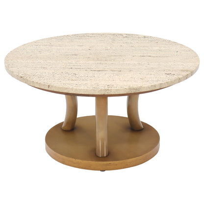 travertine Top Horn Like Pillars Tripod Base Round Coffee Table