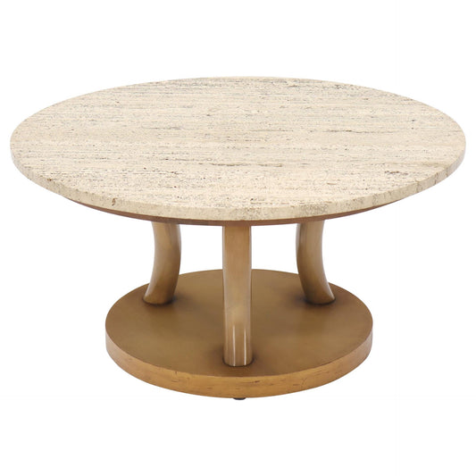 travertine Top Horn Like Pillars Tripod Base Round Coffee Table