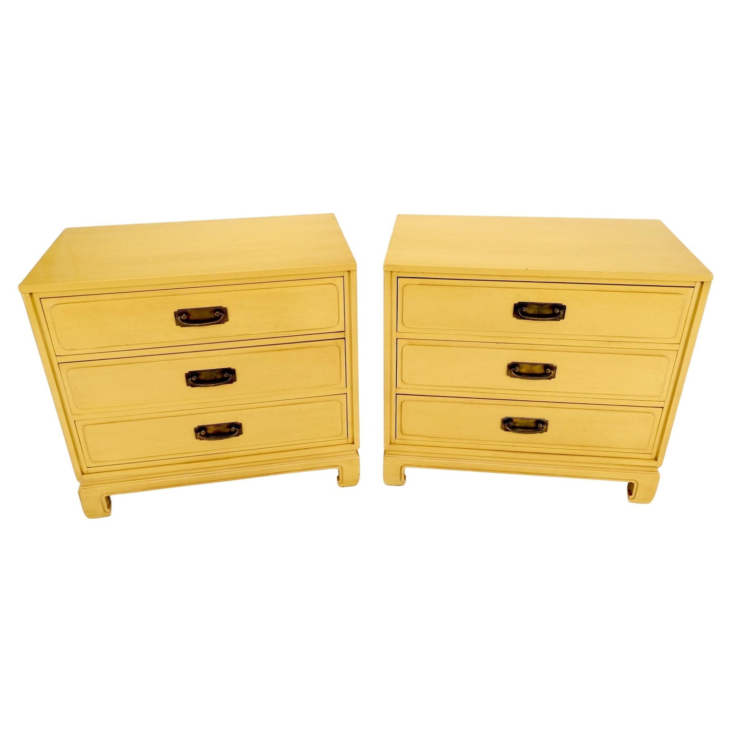 Pair Davis Mid-Century Modern Lemon Yellow Drop Pulls 3 Drawers Bachelor Chests