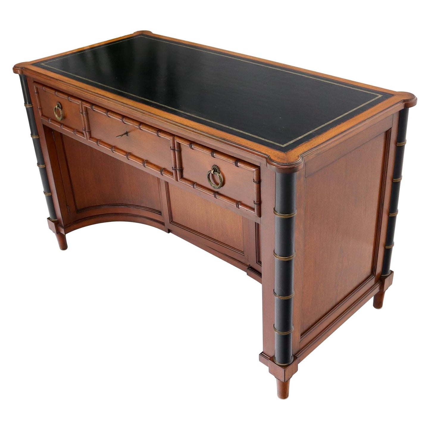 Faux Bamboo Black Leather Top Mahogany Desk with Curved Bottom Doors Compartment