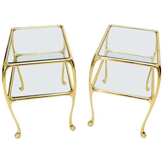 Pair of Solid Brass or Bronze Rectangular Two-Tier Glass Top Side End Tables