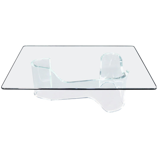 Thick Bent Lucite Organic Shape Base Rectangle Glass top Coffee Table