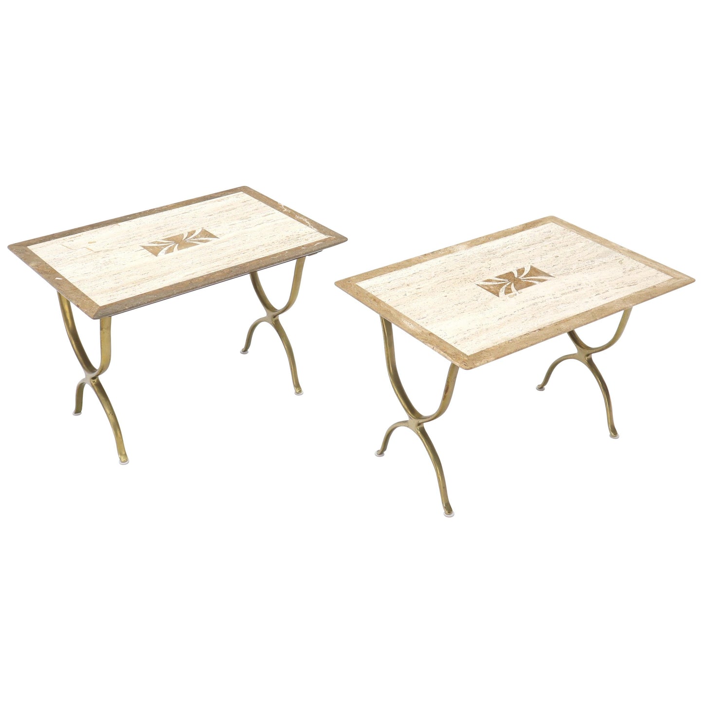 Pair of Italian Travertine Top X-Shape Base End Side Tables