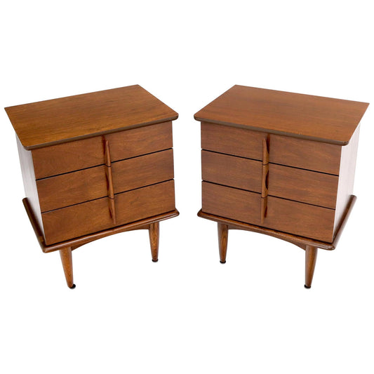 Pair of Three-Drawer Walnut End Tables Nightstands Small Chests