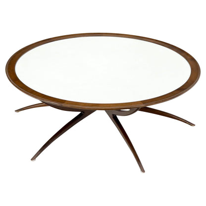 Mid-Century Modern Around Walnut Spider Base Coffee Table White Milk Glass Top