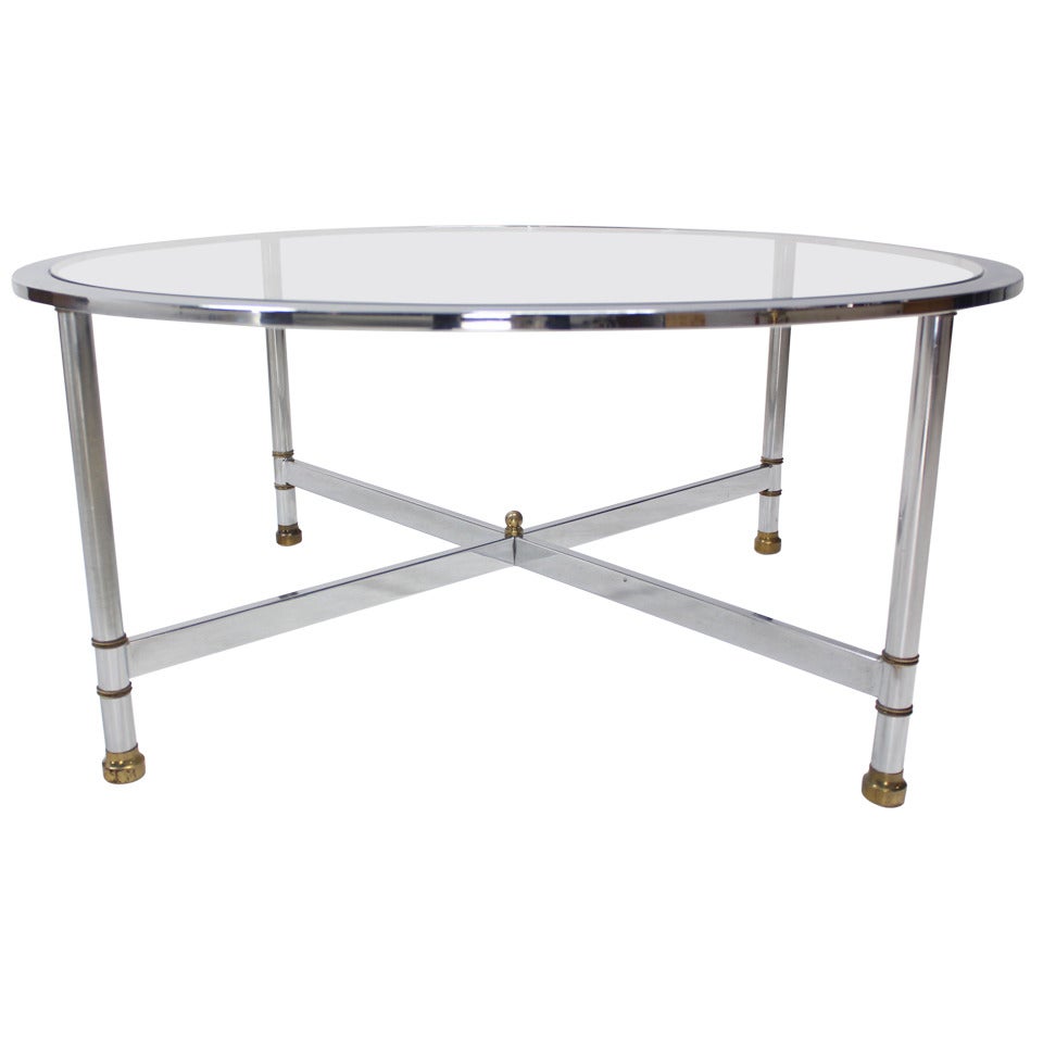 Chrome Brass and Glass Round Coffee Table by Jansen