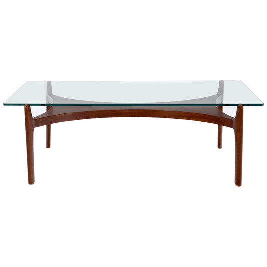 Sculptural Low Profile Teak Base Glass Top Danish Midcentury Coffee Table