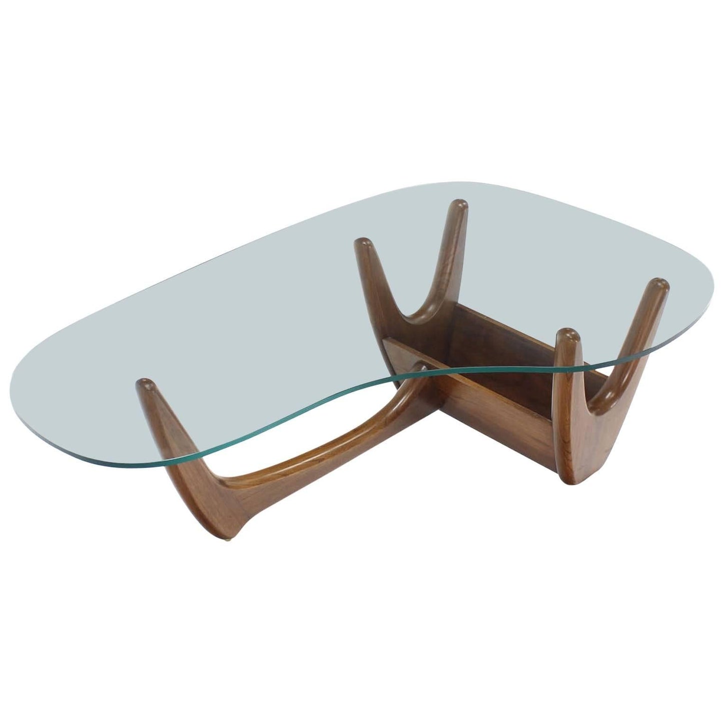 Organic Kidney Shape Glass Top Walnut Coffee Table w/ Planter