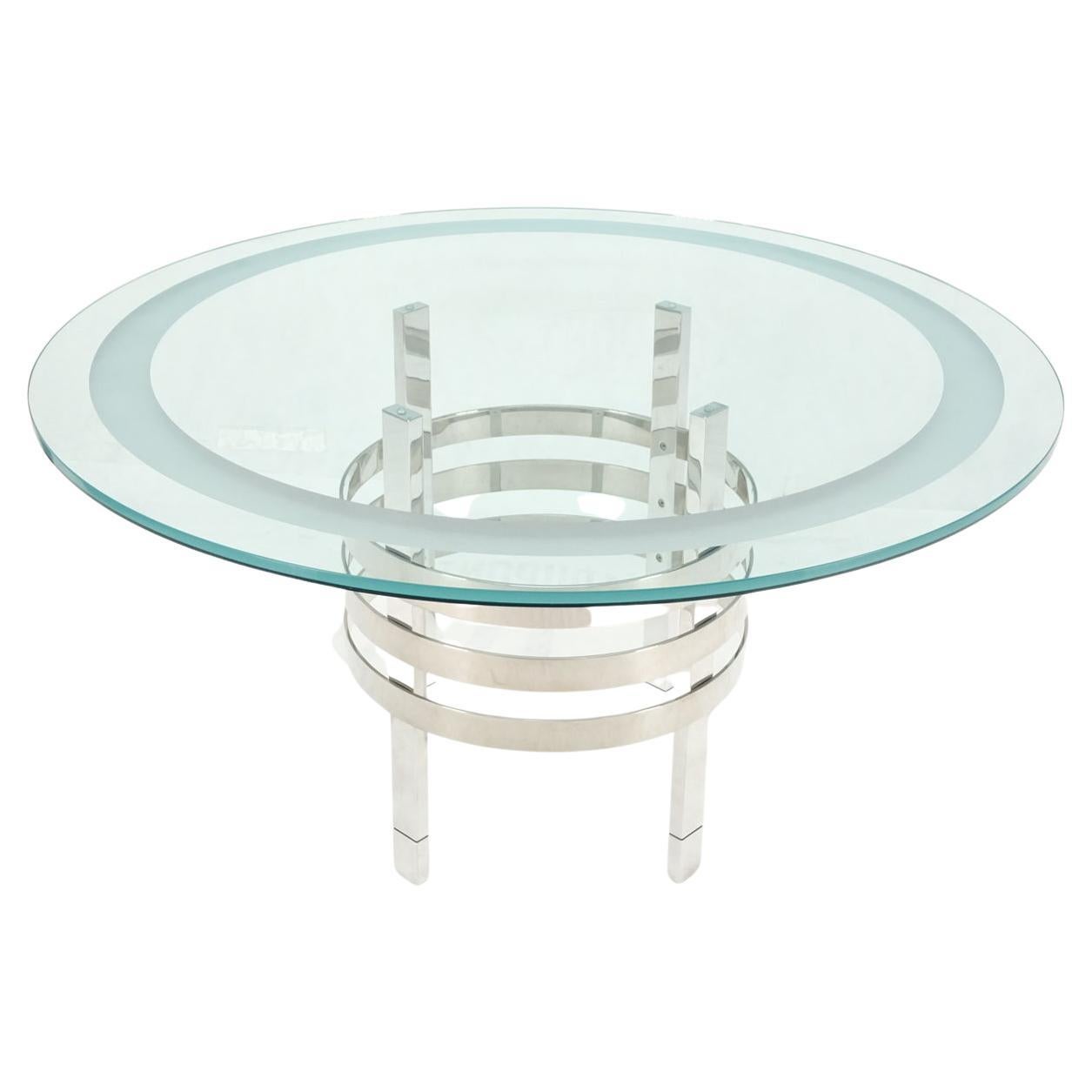 Heavy Polished Solid Stainless Steel Glass Round Dining Game Table Ribbed Design