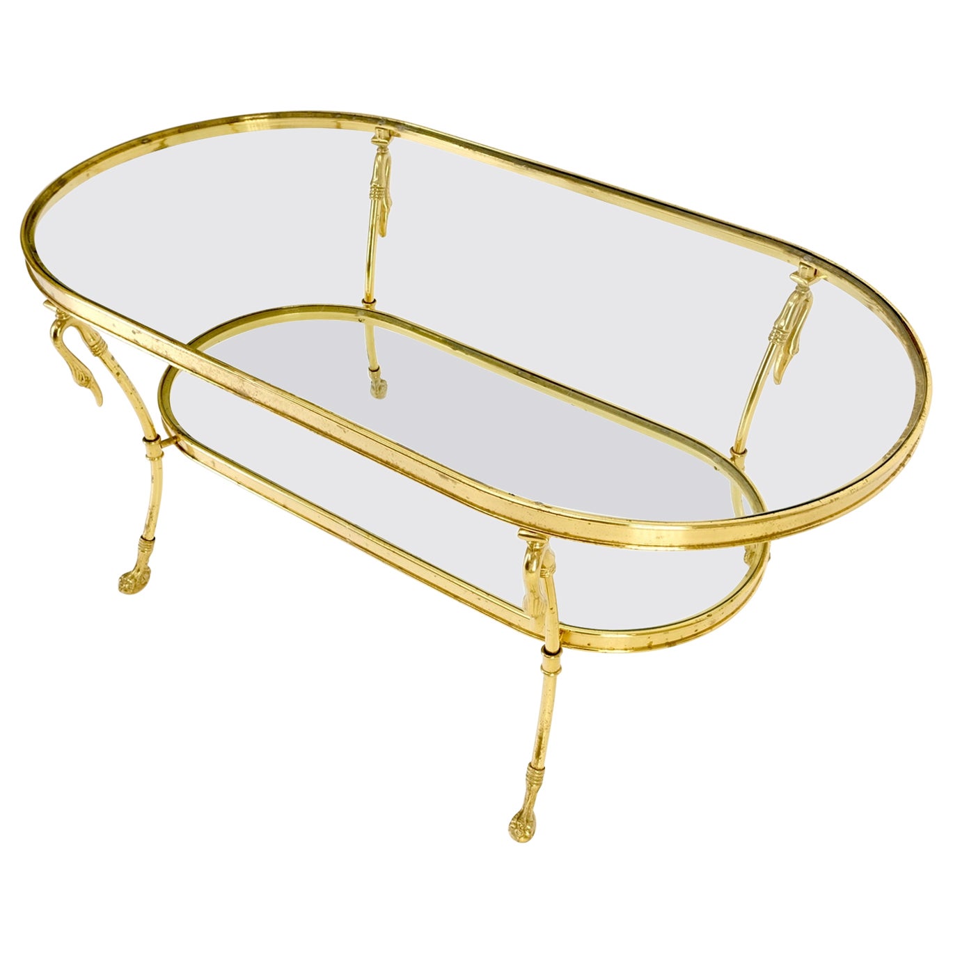 Solid Brass Swan Motive Oval Racetrack Shape Two Tier Coffee Table Mid Century