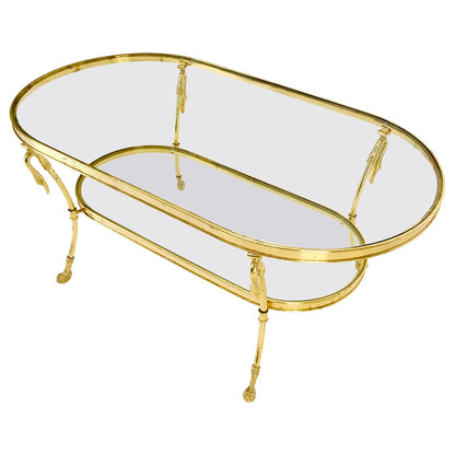 Solid Brass Swan Motive Oval Racetrack Shape Two Tier Coffee Table Mid Century