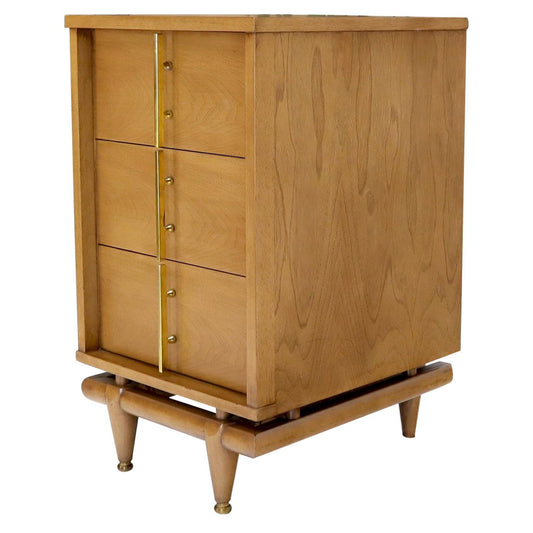 Light American Walnut Three Drawer End Table Night Stand w/ Brass Hardware Pulls