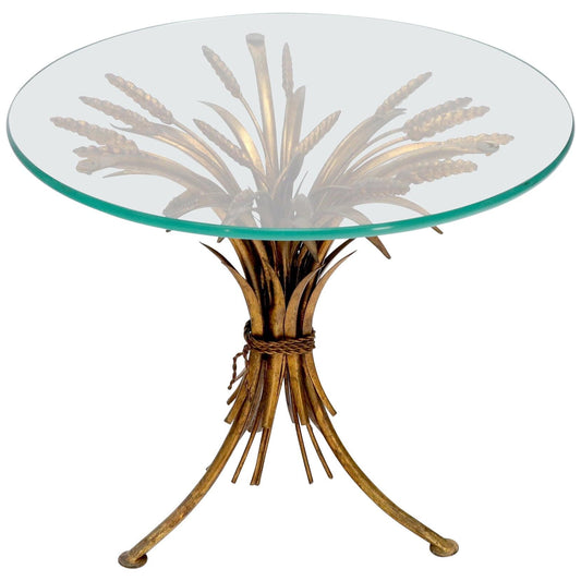 Gold Gild Metal Wheat Sheaf Round Glass Top Side Occasional Table Stand