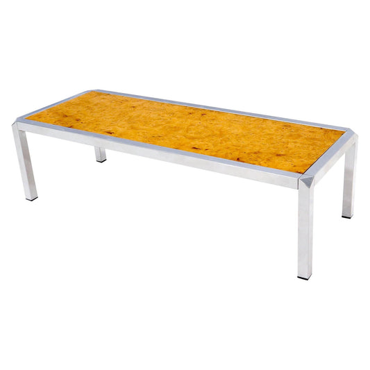 Burl Wood Top Chrome Base and Trim Rectangular Coffee Table