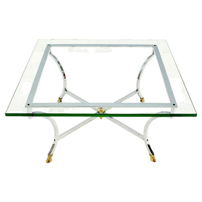 Brass Hoof Feet Polished Chrome Glass Top Square Coffee Table Mid-Century Modern