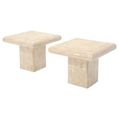 Pair of Square Tessellated Stone Veneer Brass Inlay End Tables Stands