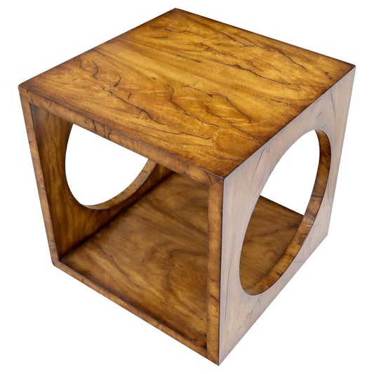 Geometrical Cube Shape Burl Flame Wood Pattern Side Table