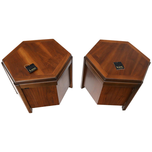 Pair of Hexagon Walnut End Side Tables w/ One Door Cabinets Storage Compartment