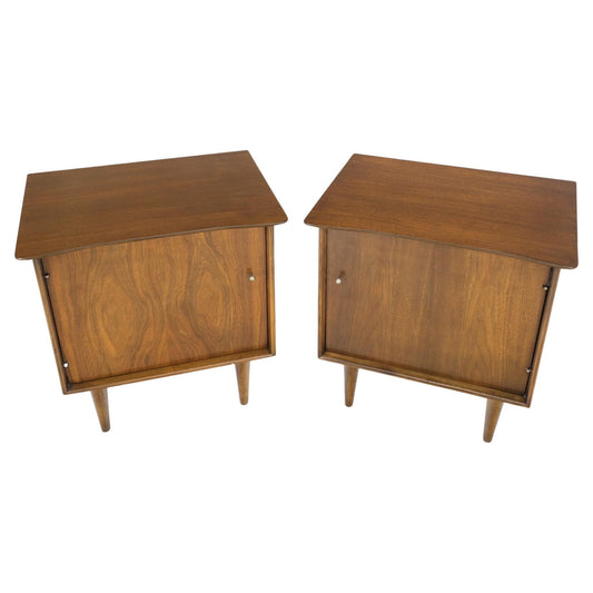 Pair of Light Walnut One Door Nightstands End Side Tables Tapered Legs Mint