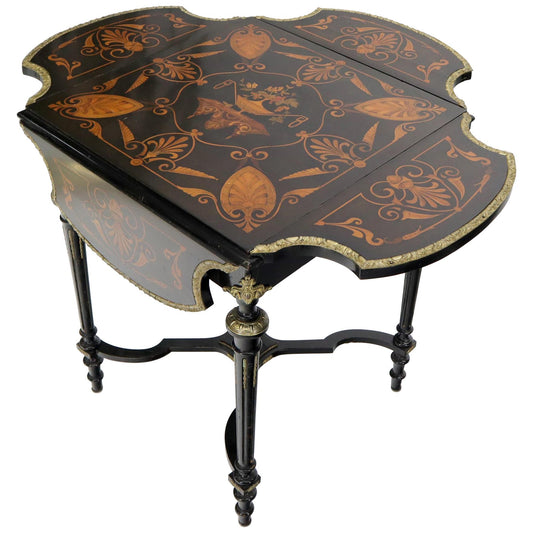 Bronze Ormolu Ebonized Mahogany Inlay Drop-Leaf Top Game Table Guerdon