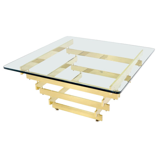 Stacked Polished Lacquered Brass Bars Base Glass Top Square Coffee Table