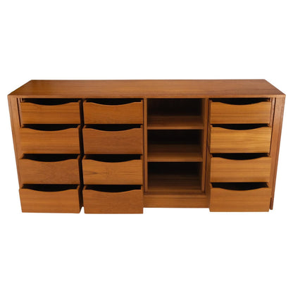 Tambour Doors 12 Deep Drawers 3 Shelves Danish Teak Mid-Century Modern Credenza